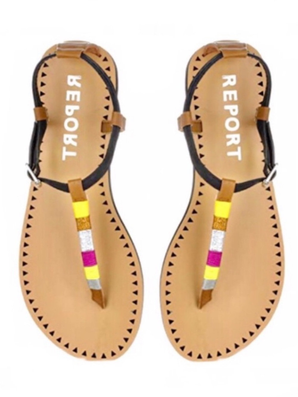 Report Tan T-Strap Sandals with Multicolor Bead Detail